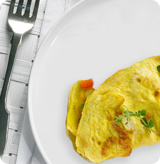 Photo of a plated omelet with a fork on the side