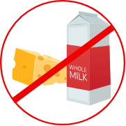 Icon of a piece of cheese and a carton of milk striked through in red 
